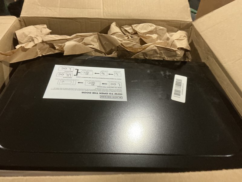 Condition photo showing As Is for BLACK+DECKER EM720CB7 Digital Microwave Oven with Turntable Push-Button Door, Child Safety Lock, 700W, Stainless Steel, 0.7 Cu.ft 0.7 cu. ft.