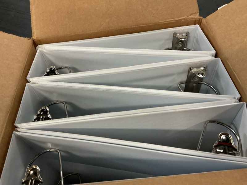Condition photo showing As Is for Tops Cardinal Economy 3-Ring Binders, 2", Slant-D Rings, Holds 540 Sheets, ClearVue Presentation View, Non-Stick, White, Carton of 6 (90761) 2 Inch White Binders