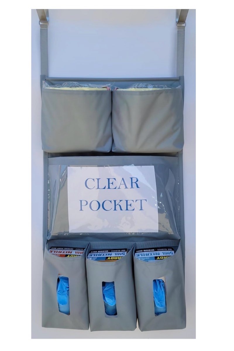 It's Sew EZ Personal Protection Equipment PPE Isolation Door Caddy, 6 Pockets, NFPA-701 Fire Retardant Nylon Oxford, Two Stainless Steel Hooks Included, Silver Silver 14pockets