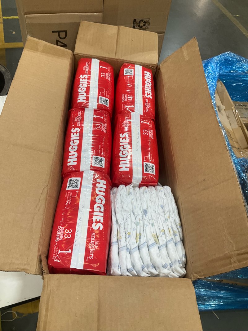 Condition photo showing As Is for huggies size 1 diapers, little snugglers diapers, size 1 (8-14 lbs), 198 count (6 packs of 33), packaging may vary