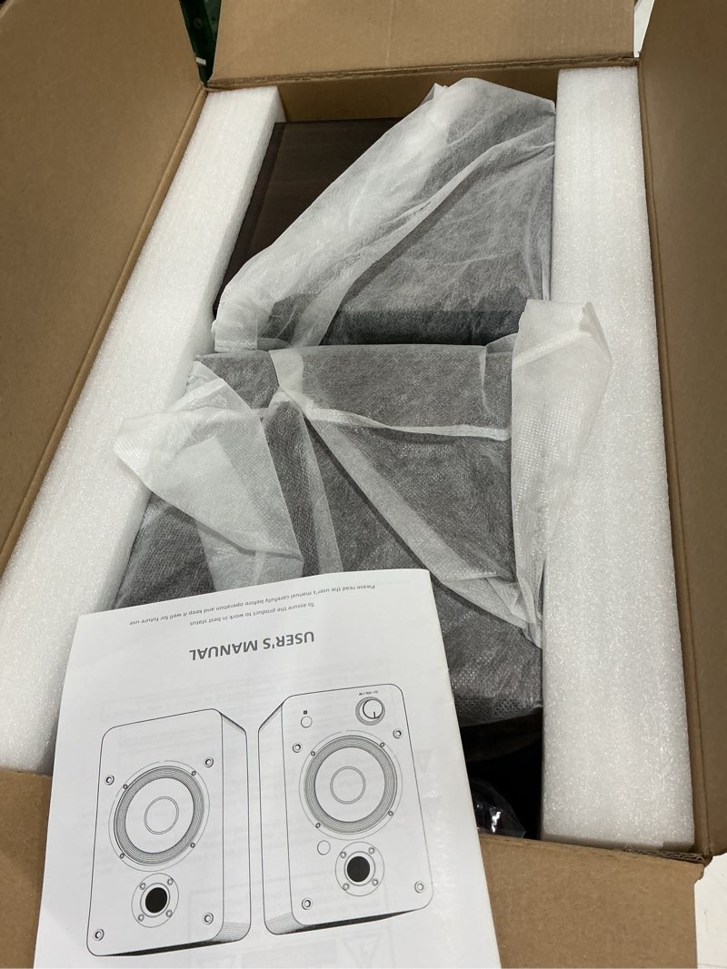 Condition photo showing Good Condition for lonpoo 100w active bookshelf speakers, bluetooth pc speakers with 4'' aluminum woofer, support optical, coaxial, rca, usb, aux-in ports for or smartphones, tvs, desktops and turntable (lp42m) active bookshelf speaker-brown