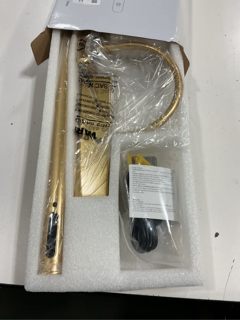 Condition photo showing New/Like New for dimmable cordless picture light with controller and timer, rechargeable 5000mah battery wall sconce for wall pictures, gallery artwork, paintings, portraits, dartboards (gold) 14"l x 6.3"w x 6.3"h gold