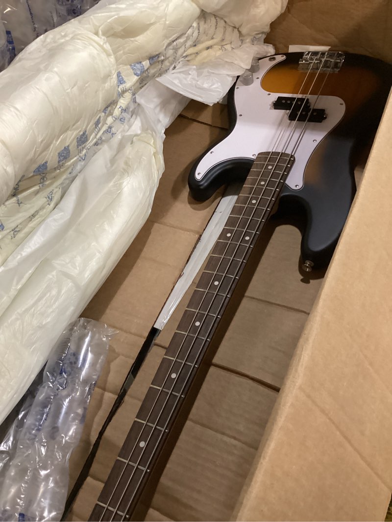 Condition photo showing Good Condition for fender squier debut series precision bass guitar, beginner guitar, with 2-year warranty, includes free lessons, 2-color sunburst with matte finish guitar only 2-color sunburst