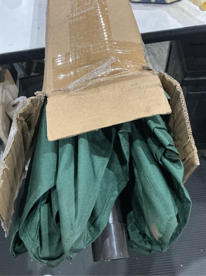 Condition photo showing As Is for blissun 9' outdoor patio umbrella, outdoor table umbrella, yard umbrella, market umbrella with 8 sturdy ribs, push button tilt and crank dark green