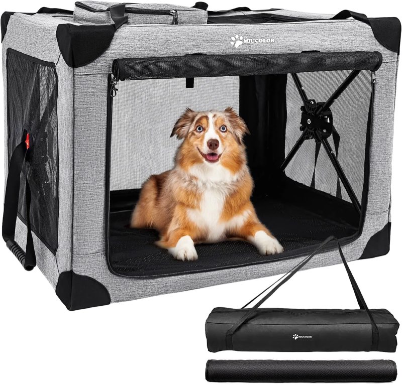 MIU COLOR Collaspsible Quick Installation Dog Crate - 37 Inch Portable Travel for Large Dog, 3-Door 