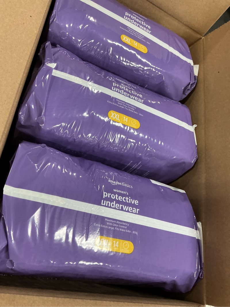 Condition photo showing New/Like New for Amazon Basics Incontinence Underwear for Women, Protective, Disposable, Postpartum, Maximum Absorbency, XX-Large, Lavender, 42 Count (3 Packs of 14) XX-Large 42.0