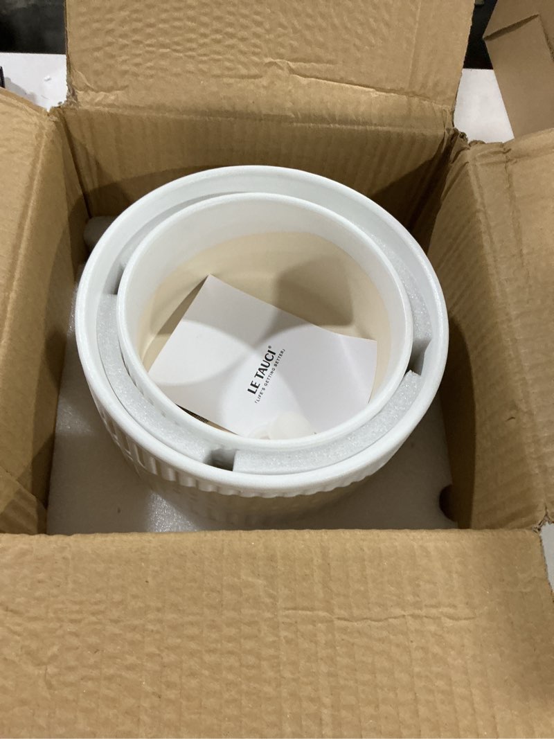 Condition photo showing Good Condition for le tauci succulent pots, 6.5+8 inch ceramic indoor plant pot with drainage hole, shallow round succulent planters, set of 2, matte white