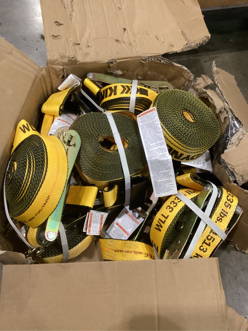 Condition photo showing As Is for similar to**** vevor truck straps, 4\" x30' heavy duty tie down w/flat hooks 18,000lbs break strength, wll# 6000lbs, cargo straps tie down for flatbeds, trucks, trailers, farms, rescues, tree saver, yellow(10 pack)