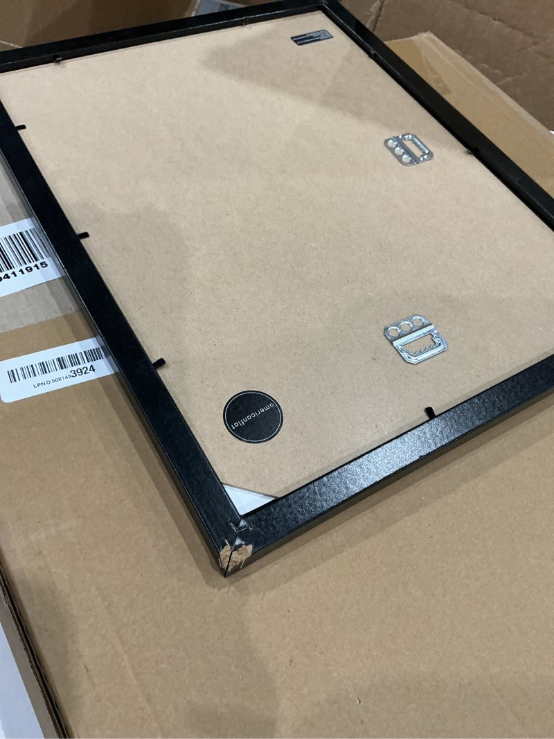 Condition photo showing As Is for one wall tempered glass 16x20 signature picture frame with white mat display 8x10 photo for wedding, celebrations and graduation, black wood frame for wall hanging - mounting hardware included