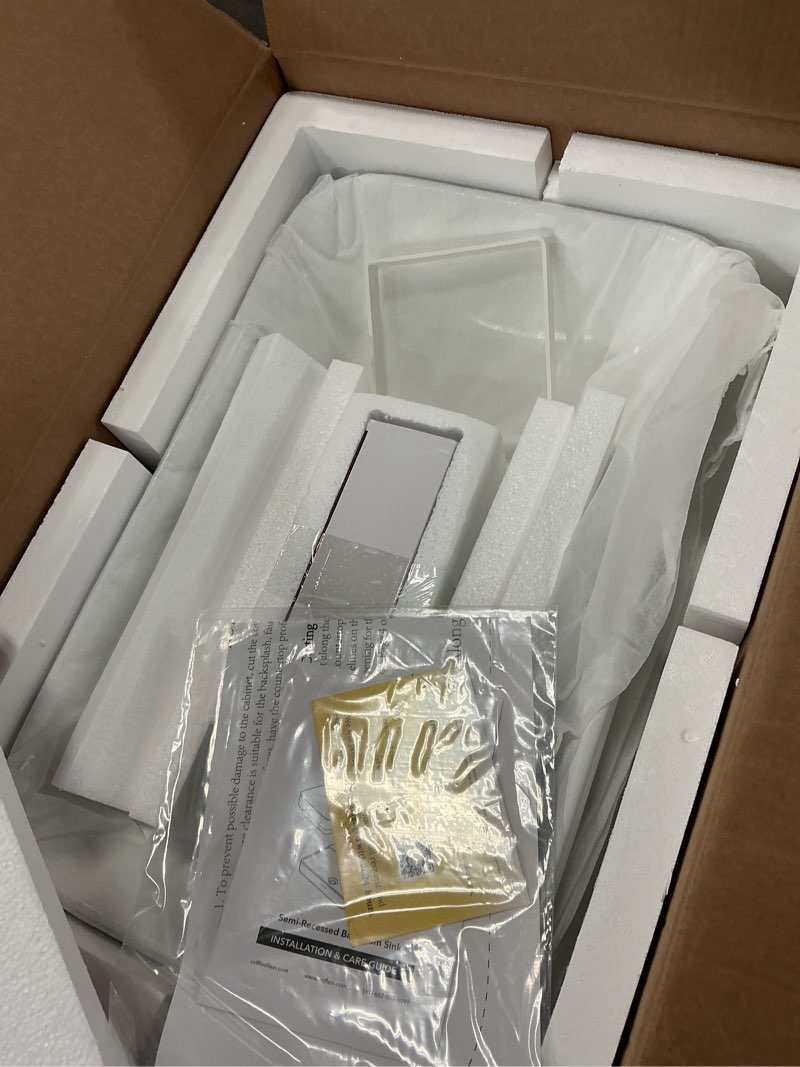Condition photo showing New/Like New for 24" wide x 15" deep recessed bathroom sink, flexi semi-recessed rectangular bathroom sink with pop-up drain, white ceramic countertop sink without overflow, sinks
