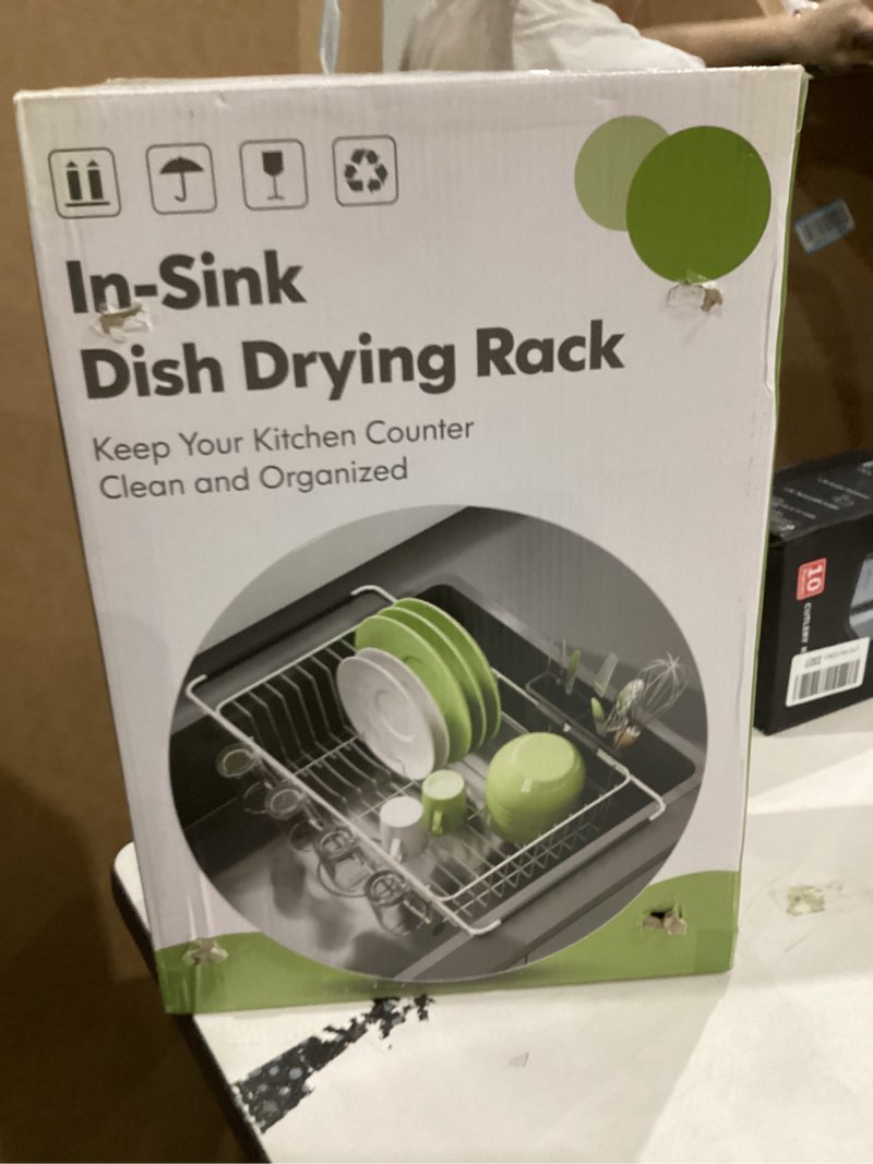 Condition photo showing New/Like New for Over the Sink Expandable Dish Drainer Drying Rack In Stainless Steel for Small Kitchen, Counter Space Saving Modern Compact Metal Above Plate Dryer Strainer, Adjustable Hanging Inside Drain Holder Silver