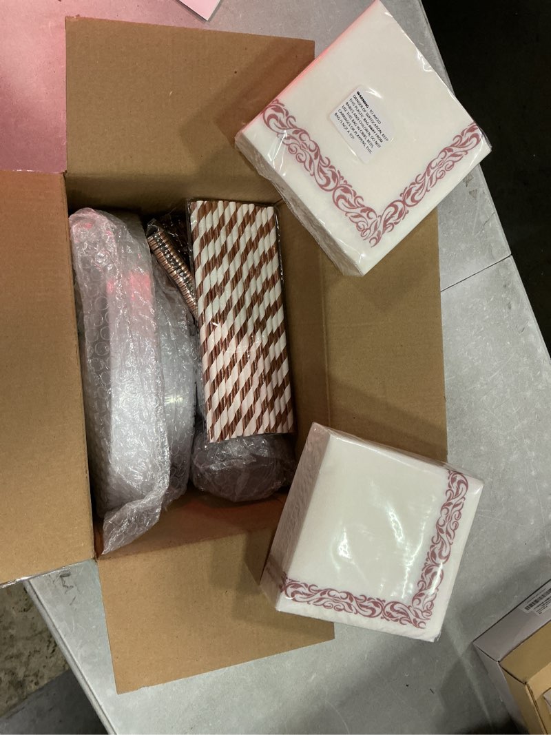Condition photo showing New/Like New for 250 count rose gold disposable plastic dinnerware set, 50 rose gold plastic plates, 25 silverware, 25 cups and straws, 50 napkins, perfect for wedding party