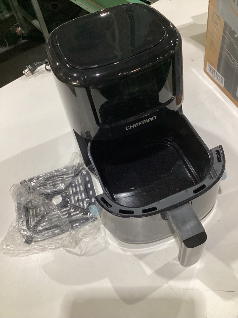 Condition photo showing As Is for Chefman Air Fryer 2 Qt | TurboFry® 4-in-1 with 450°F Hi-Fry Option for Crispier Results | Bake, Dehydrate, Frozen | XL Nonstick Dishwasher-Safe Basket | Stainless Steel