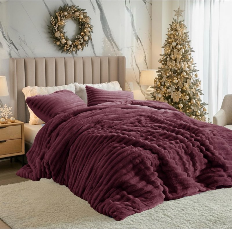 Cuddly Ribbed Fluffy Comforter Set Queen, Super-Soft Red Plush Fleece Bedding Set, Warm Fuzzy Queen Size Comforter with Matching Shams, All-Season Cozy 3-Piece Bed Set, Burgundy
