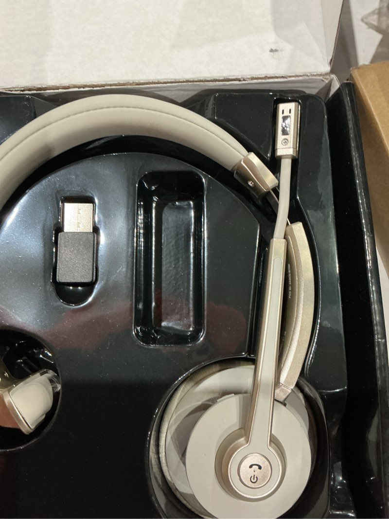 Condition photo showing Good Condition for trucker bluetooth headset, wireless headset with with microphone noise canceling & usb dongle, 5.0 bluetooth headphones with mic mute for remote work cell phone computer office teams conference call champagne gold & white