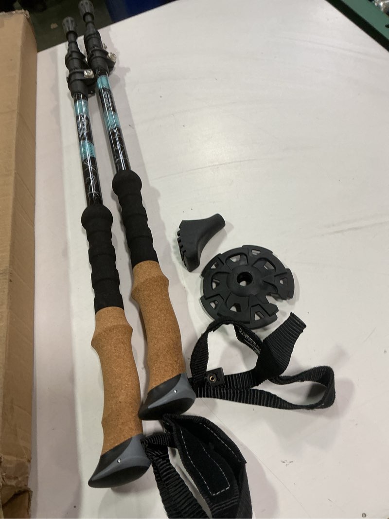 Condition photo showing As Is for Cascade Mountain Tech Lightweight Aircraft-Grade Aluminum Trekking Poles with Extended Down Grip Plus Tip Kit Light Blue (Cork Grip) Quick Lock Trekking Poles