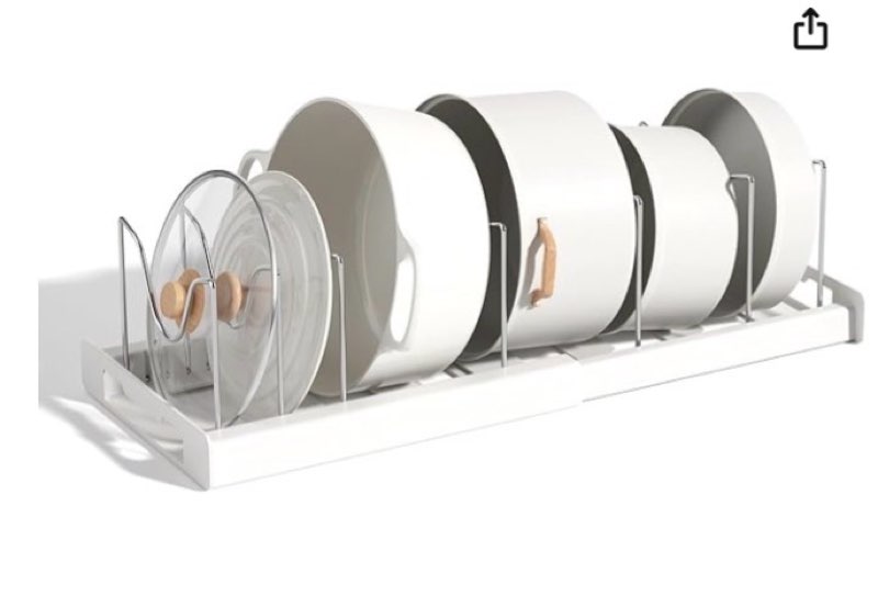 Expandable Pot and Pan Organizer Rack for Cabinet, Pot Lid Organizer Holder with 7 Stainless Steel Adjustable Dividers for Kitchen Cabinet Organizer and Storage (White)