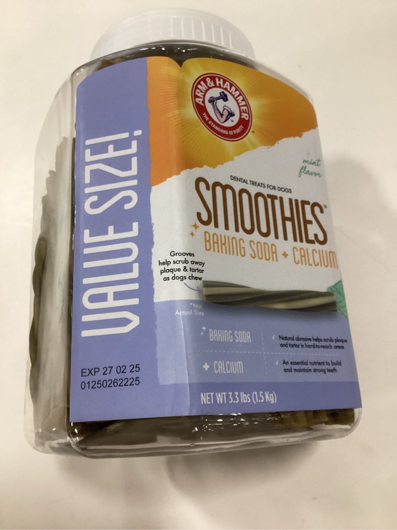 Condition photo showing New/Like New for Arm & Hammer for Pets Smoothies Dental Treats for Dogs with Baking Soda and Calcium, Treat Chews Help Fight Bad Breath, Plaque & Tartar without Brushing, Mint, 57 Pcs (Packaging may vary) Mint 52.8 Ounce (Pack of 1)( EXP 27/02/25)