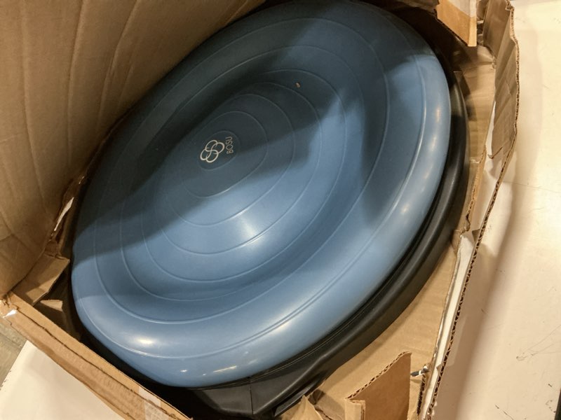 Condition photo showing As Is for bosu balance ball exercise trainer, home gym equipment w/guided workouts & pump, 26" inflatable fitness platform for strength training, standing, balancing, and core workout light blue/black