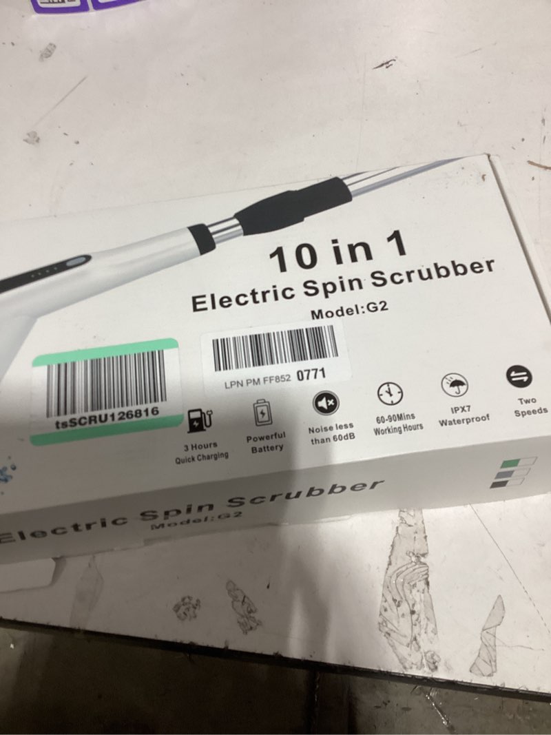 Condition photo showing As Is for Electric Spin Scrubber, Dreazu IPX7 Bathroom Scrubber with 7 Replaceable Brush Heads & Retractable Handle, 2-Speed Adjustable Shower Cleaner Brush for Bathroom, Bathtub, Kitchen, Tile Floors White&black