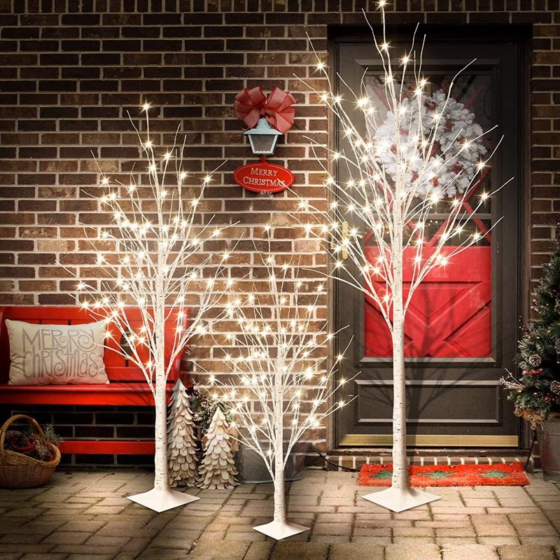 3 Pack 4FT 5FT and 6FT 300LED Christmas Lighted Birch Tree, Timer Function Prelit Artificial Tree La