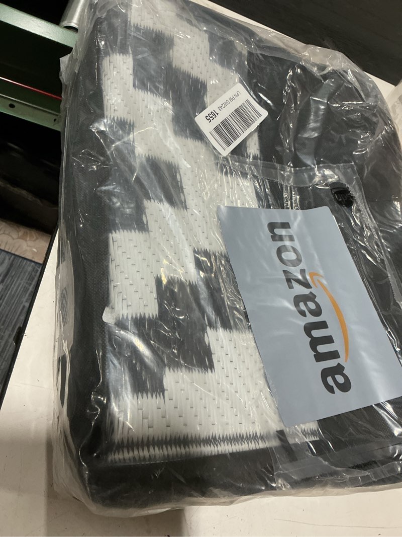 Condition photo showing Good Condition for sand mine waterproof outdoor rug 5x8 ft, plastic reversible rug, modern area rug, large floor mat for outdoors, rv, patio, backyard, deck, picnic, beach, camping (5' x 8', black & white lattice) black & white 5'x 8'