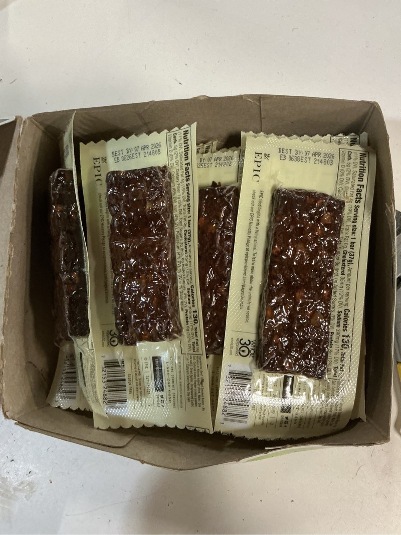 Condition photo showing New/Like New for Epic Beef Apple Bacon Bars, Whole30, Paleo Friendly, 12 ct Beef Apple Bacon 12 Count (Pack of 1)( BB 07/APR 2026) 