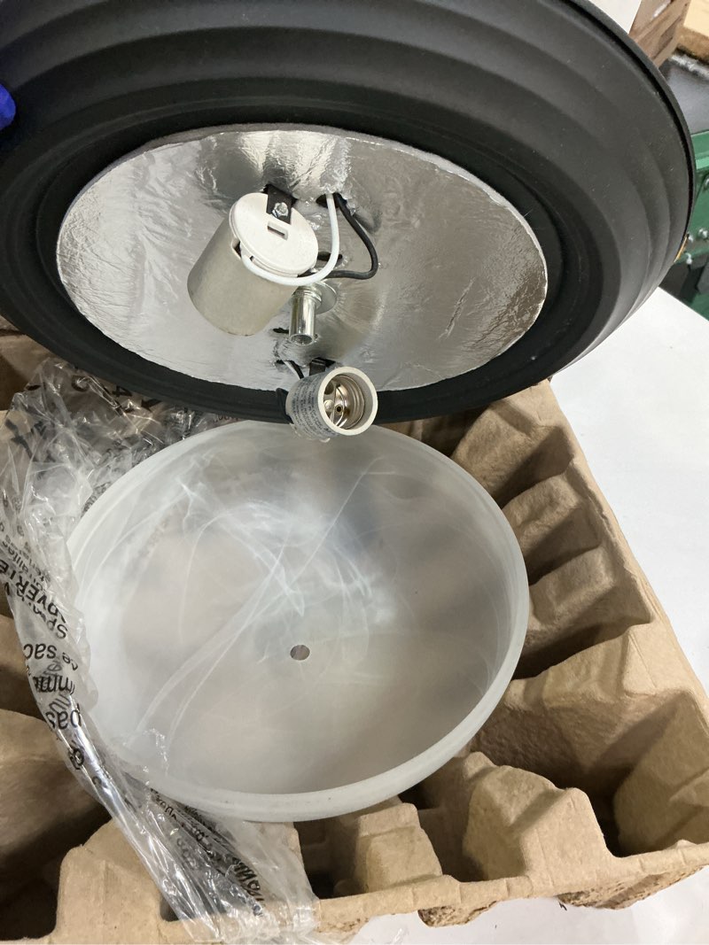 Condition photo showing As Is for Designers Fountain 13 inch, Modern 2-Light Flush Mount Ceiling Light Fixture, Alabaster Glass Shade, for Bedroom, Hallway, Indoor Room Lighting, Durable Steel, Easy Install, Bronze, 1257M-ORB-AL