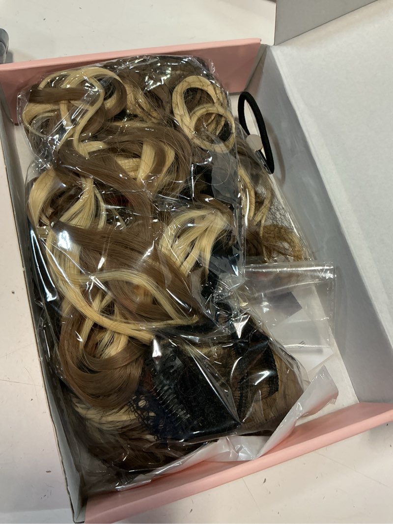 Condition photo showing Good Condition for reecho curly hair extensions, 4pcs 16 inch clip in hair extensions lace weft short curly extension clip ins invisible natural hairpieces for women, dark ash brown with highlights dark ash brown with highlights 16 inch