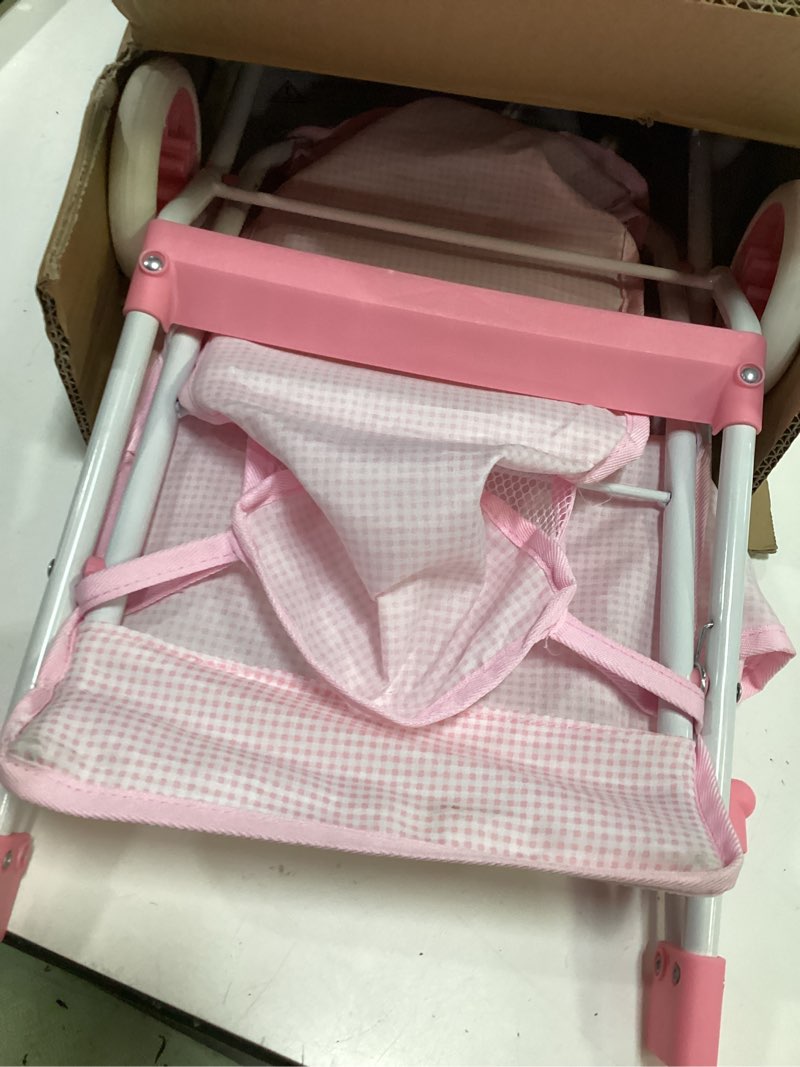Condition photo showing As Is for badger basket folding doll umbrella stroller for dolls up to 18 inches - lightweight, compact doll stroller with safety belt, pink and white design