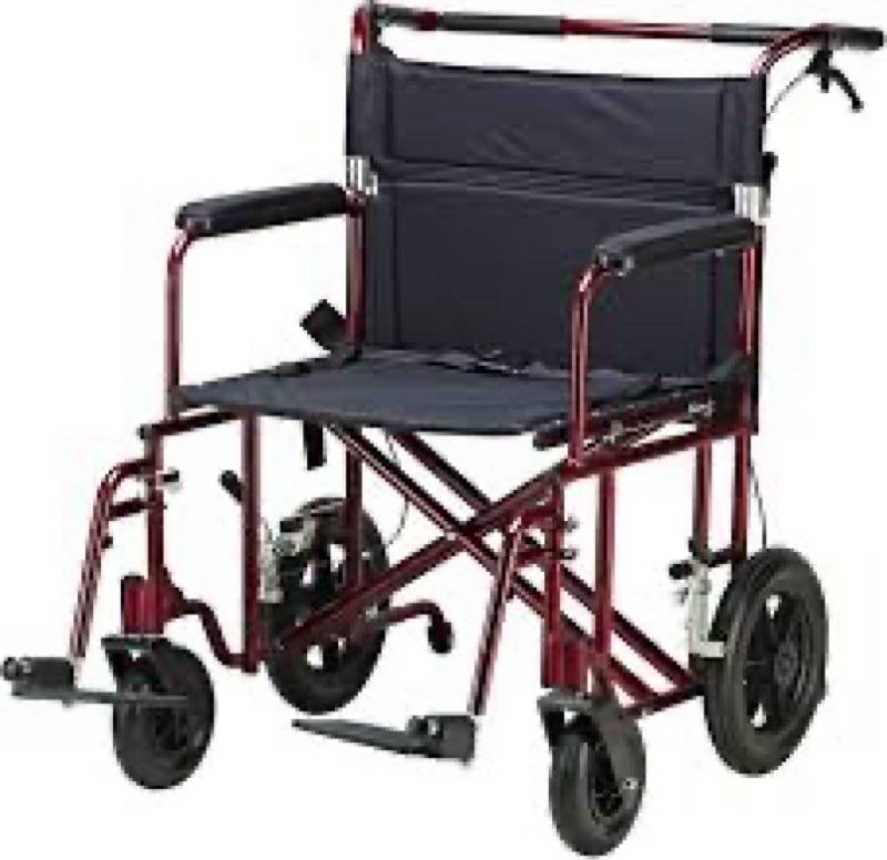 Medline Lightweight Foldable Transport Wheelchair with Handbrakes and 12-Inch Wheels, Red Frame, Black Upholstery
