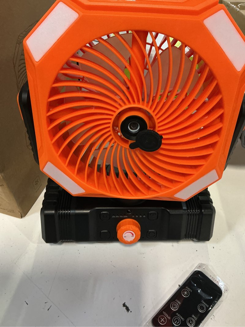 Condition photo showing Good Condition for usone misting fan, 5-in-1 portable tent fan, [16-65hrs] 20000mah rechargeable camping fan, 2 spray modes, 300ml tank, led light & hook, remote & timer, outdoor fan for patio, beach,orange orange 20000mah