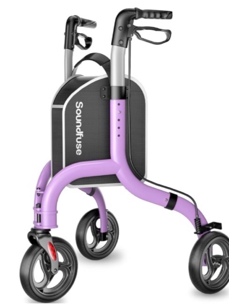 SOUNDFUSE 3 Wheel Walkers for Seniors, Lightweight Foldable Aluminum Rollator Walker, Height Adjustable Three Wheel Walker, Purple
