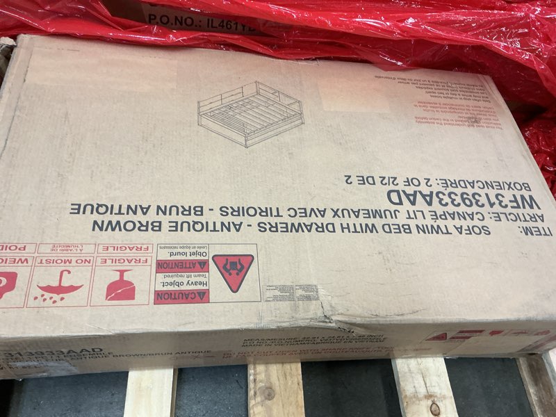 Condition photo showing As Is for (Incomplete only 1 box of 2 ))))).  Twin Size Daybed with Four Drawers and Three Shelves,Multifunction Solid Wood Storage Bed Frame,W/Wooden Slates Support,for Kids Teens,Boys & Girls,No Box Spring Needed,Walnut Walnut Twin