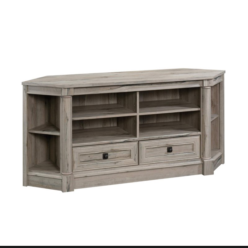 sauder palladia corner tv stand console entertainment credenza, in split oak