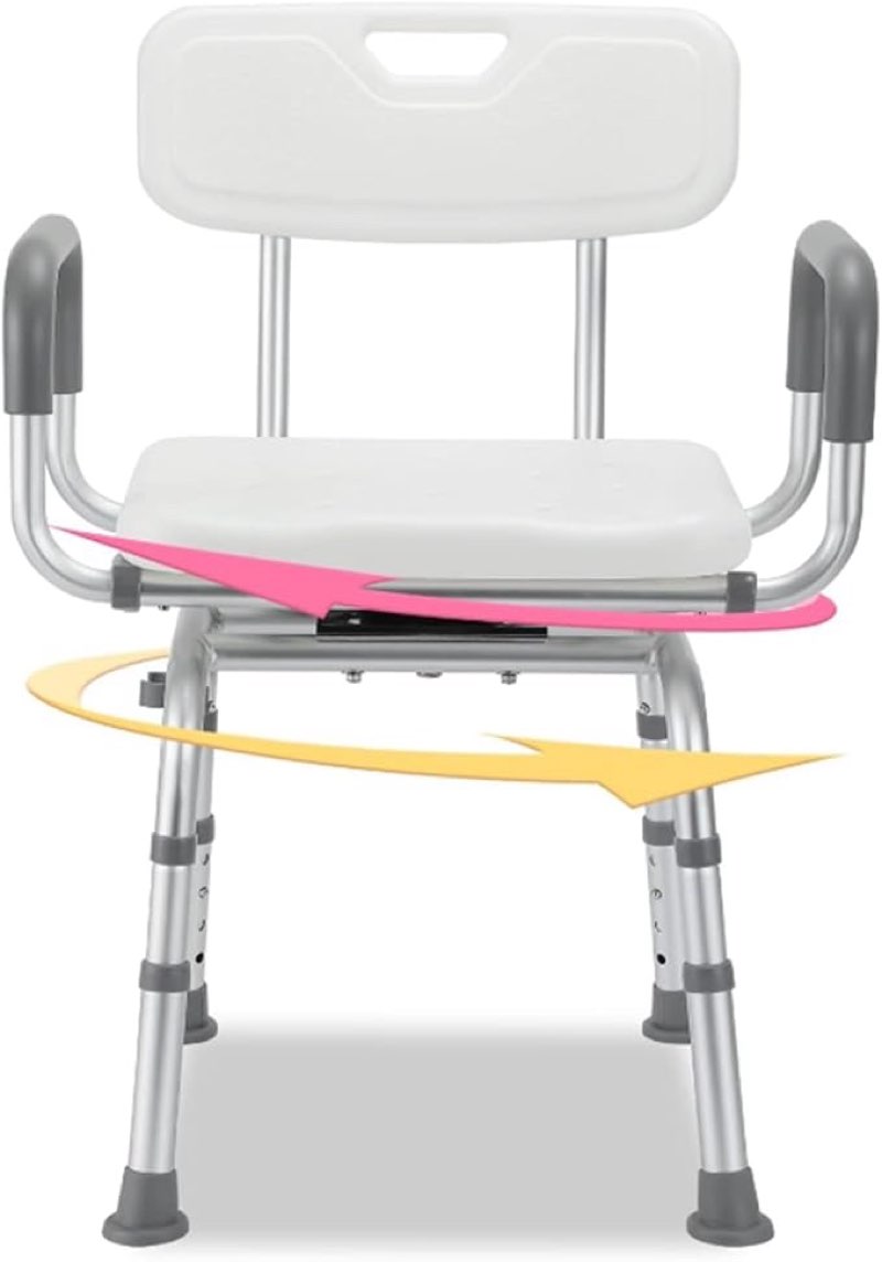 swivel shower chair with arms and back, portable 360° swivel seatheight adjustable pivoting shower seat shower stool, 300ibs load for elderly, disabled, pregnant women