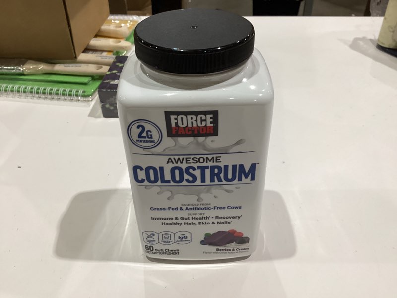 Condition photo showing New/Like New for FORCE FACTOR Awesome Colostrum, Support Gut & Immune Health, Recovery, Hair, Skin & Nails, Bovine Colostrum Supplement with Biotin, Grass-Fed, Antibiotic-Free, Berries & Cream, 60 Soft Chews