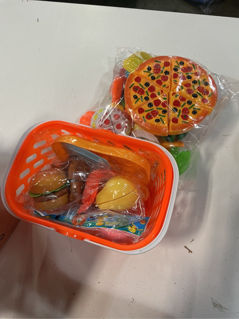Condition photo showing New/Like New for 34 pcs pretend play food set, kids cutting toys, children's food fruits vegetable kitchen playset with knife and basket , bpa free plastic play food for toddlers, educational baby toy