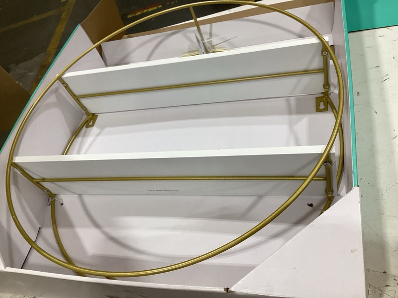 Condition photo showing Good Condition for mind reader round wall shelf, gold metal frame with dual white mdf shelves, decorative wall display for living room, bathroom, office, metal. mdf, white round wall shlef