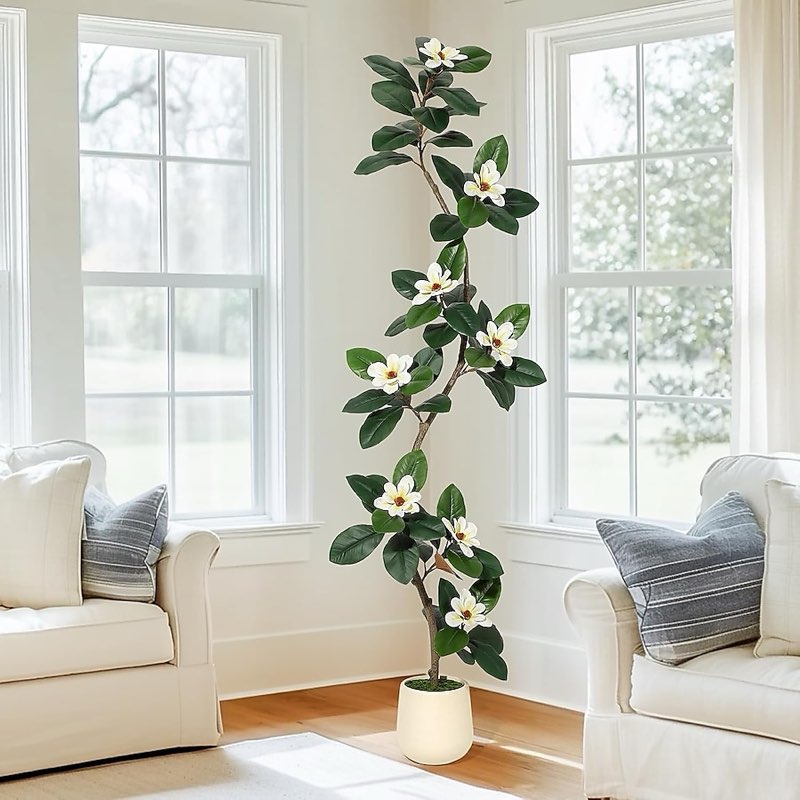 Rubber Tree 7 ft Artificial Tree in White Planter Pot, Faux Plants Indoor Faux Floor Plant Artificia
