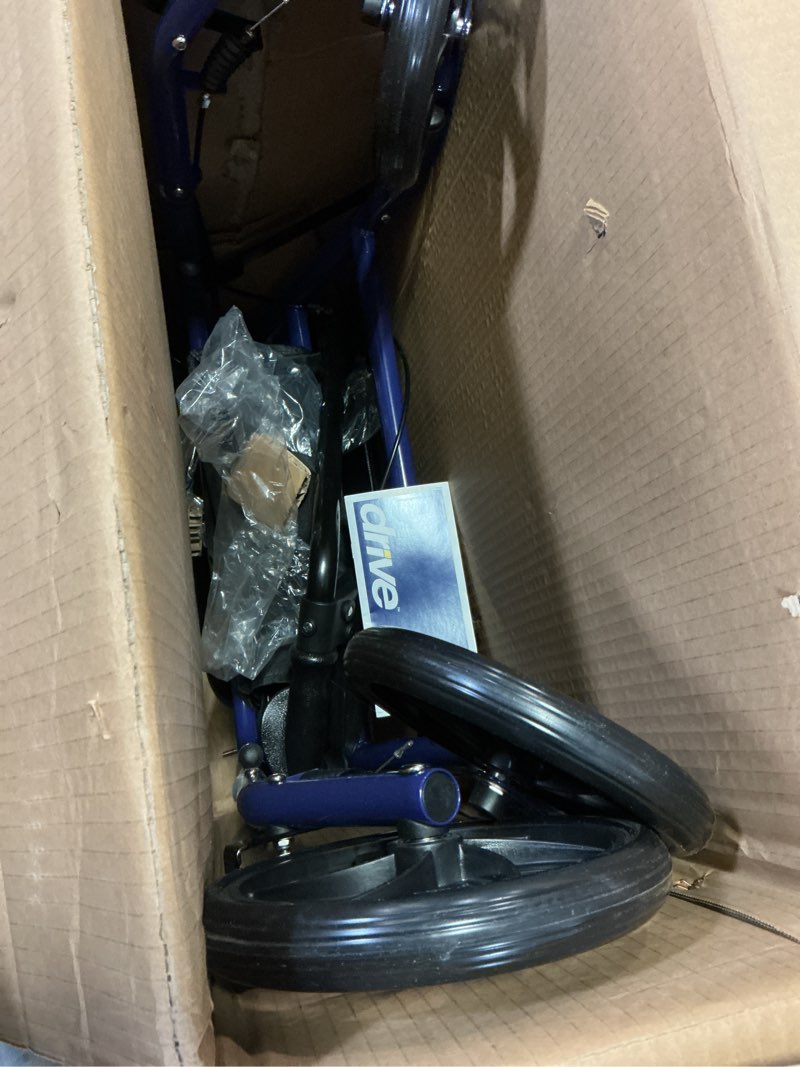 Condition photo showing Good Condition for drive medical rollator walker with seat - stable mobility support - height adjustable - durable steel frame construction - smooth 7.5" wheels - foldable - 350 lb limit - blue