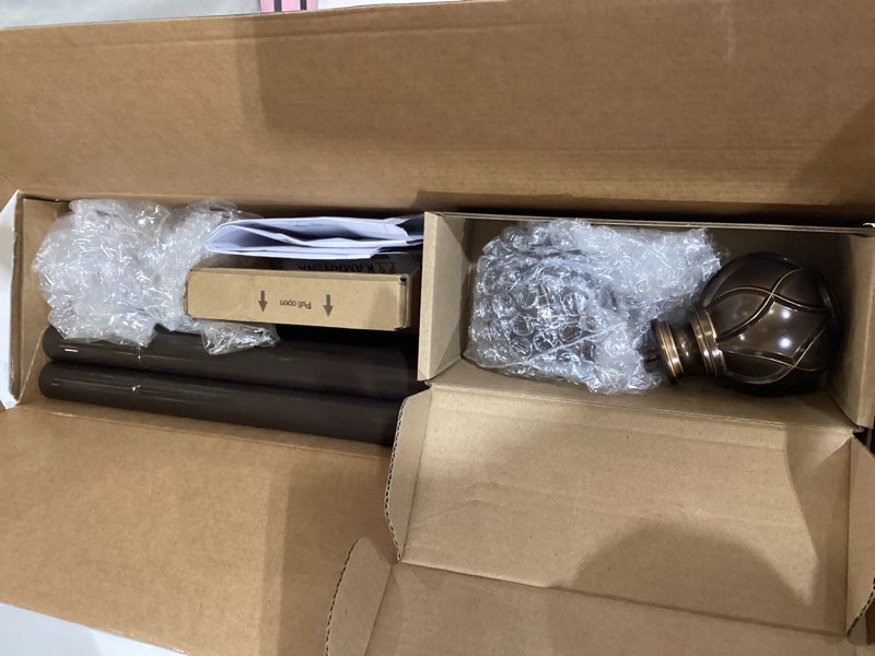 Condition photo showing Good Condition for kamanina curtain rods for windows 48 to 84 inch, antique bronze heavy duty curtain rod adjustable, 7/8 inch single decorative drapery rod 32 to 86 inch(2.6-7.1ft), netted texture end antique bronze 48-84"