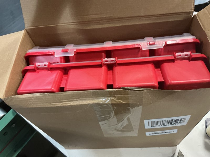 Condition photo showing New/Like New for hushee 6 pcs screw organizer box with lid 4 compartments small parts organizer plastic stackable nut and bolt hardware storage tool bin divider sorting screw box for workbench garage (red) red 6