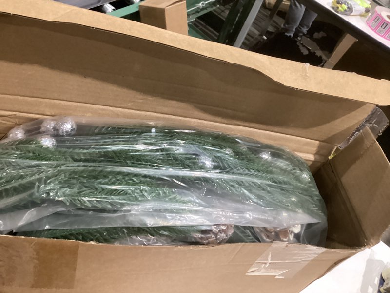 Condition photo showing New/Like New for Syhood 1 Pack 6ft Prelit Christmas Garlands with Lights, Norfolk Pine Garland with White Poinsettia, Berries Pinecones, Real Touch Cedar Battery Powered Garland for Mantle Fireplace Stairs Table Decor Silver 1