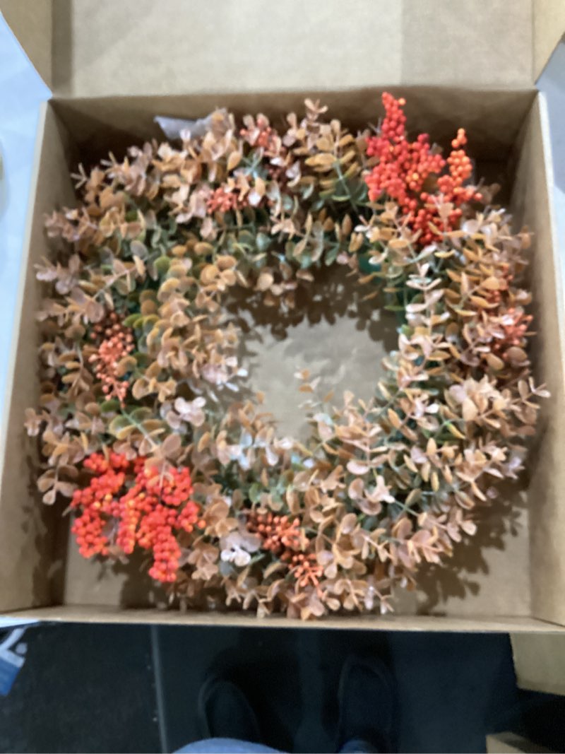 Condition photo showing New/Like New for eucalyptus fall wreaths for front door 15", handmade fall leaves wreath for autumn, floral farmhouse wreath for wall and outside indoors