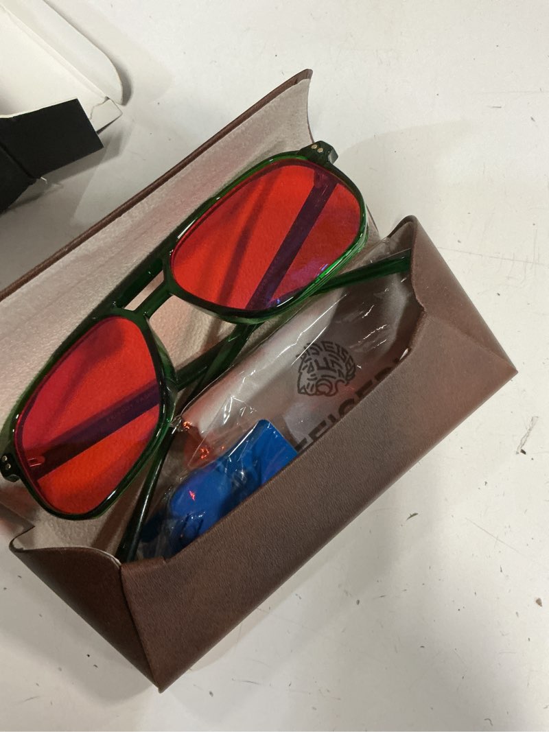 Condition photo showing New/Like New for FEISEDY Sleep Blue Light Glasses for Woman Men 99.9% Computer Gaming Red Lens Eyeglasses Reduce Eyestrain G2835 Transparent Green Frame & Red Lens 54 Millimeters