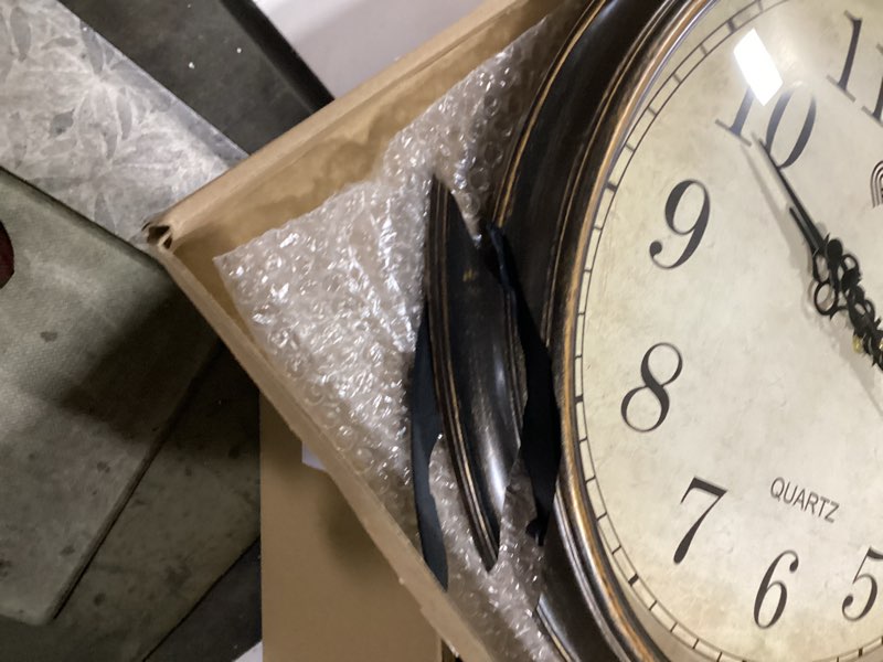 Condition photo showing New/Like New for **broken side**geevon vintage wall clock 10\" silent non-ticking retro round quartz battery operated decorative clock for kitchen, living room, bedroom, office, classroom brown 1 10 in