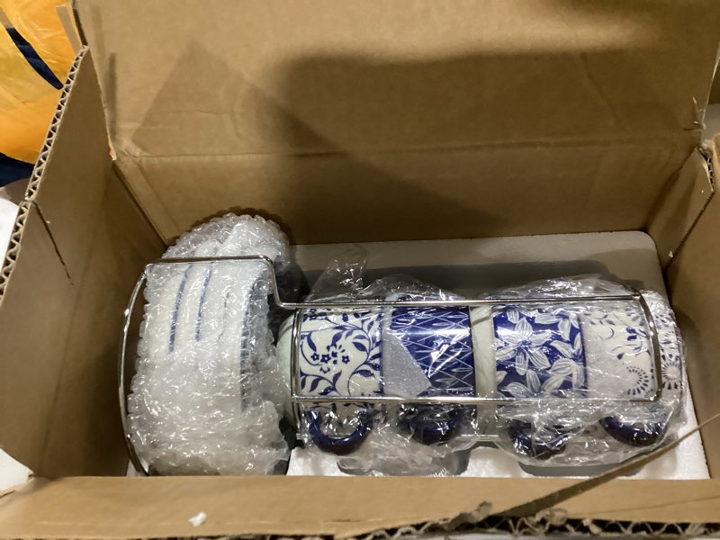 Condition photo showing As Is for vancasso 8oz stackable cappuccino cups, porcelain espresso cups with saucers and metal stand set of 4, classic printed tea cup set for coffee drinks, latte, series selene (vintage blue, 8 ounce) 8 oz