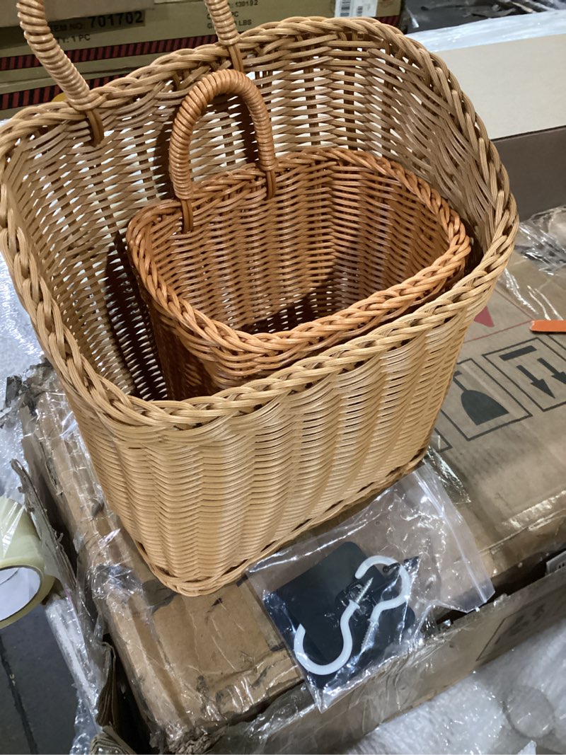 Condition photo showing Good Condition for mipon 2 pack handmade woven hanging waterproof plastic rattan wicker basket | wall mounted organizer, small & large storage, bathroom, kitchen, entryway, farmhouse decor