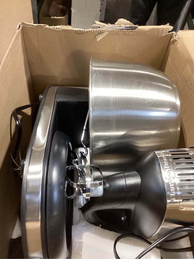 Condition photo showing As Is for hamilton beach classic stand and hand mixer, 4 quarts, 6 speeds with quickburst, bowl rest, 290 watts peak power, white (64655)